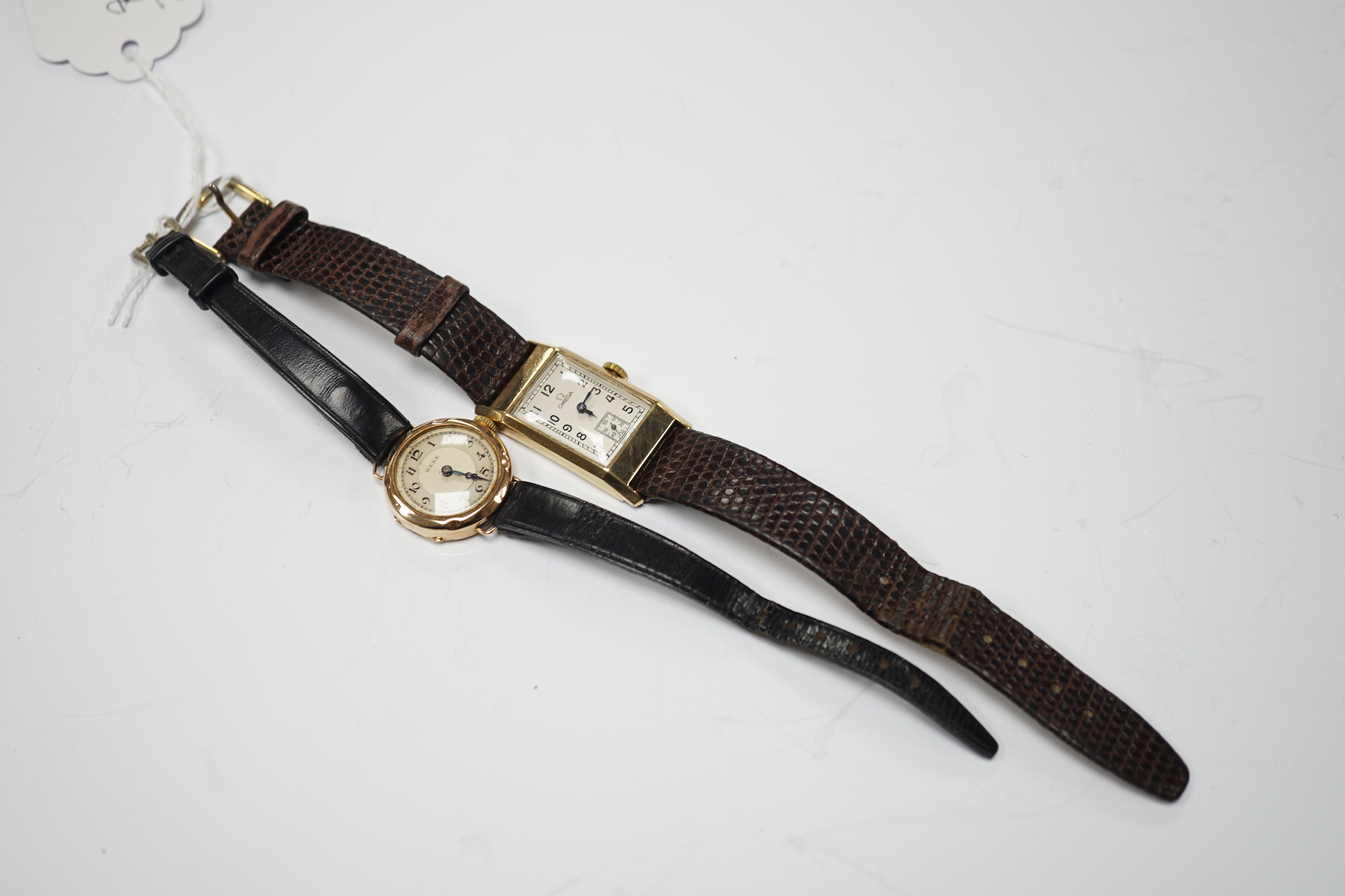 A lady's 1930's 9ct gold Omega manual wind wrist watch, on a later leather strap and a lady's 9ct gold Bebe wrist watch.